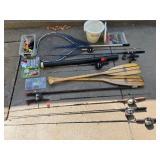 Large Fishing and Boating Gear Lot with Rods, Lures, Paddles, and Accessories