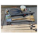 Large Fishing and Boating Gear Lot with Rods, Lures, Paddles, and Accessories