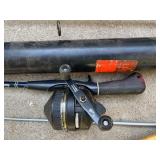 Large Fishing and Boating Gear Lot with Rods, Lures, Paddles, and Accessories