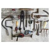 Collection of Vintage Hand Tools Including Braces, Drills, Wrenches and Farm Implements