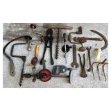 Collection of Vintage Hand Tools Including Braces, Drills, Wrenches and Farm Implements