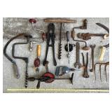 Collection of Vintage Hand Tools Including Braces, Drills, Wrenches and Farm Implements