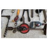 Collection of Vintage Hand Tools Including Braces, Drills, Wrenches and Farm Implements