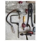 Collection of Vintage Hand Tools Including Braces, Drills, Wrenches and Farm Implements
