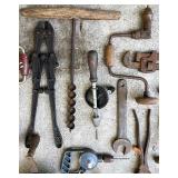 Collection of Vintage Hand Tools Including Braces, Drills, Wrenches and Farm Implements