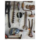 Collection of Vintage Hand Tools Including Braces, Drills, Wrenches and Farm Implements