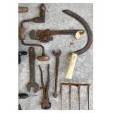 Collection of Vintage Hand Tools Including Braces, Drills, Wrenches and Farm Implements