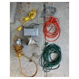 Lot of Extension Cords, Work Lights, and GE Portable Radio