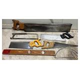 Collection of Vintage Hand Saws, Hacksaw and Level