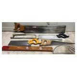 Collection of Vintage Hand Saws, Hacksaw and Level