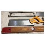 Collection of Vintage Hand Saws, Hacksaw and Level