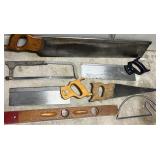 Collection of Vintage Hand Saws, Hacksaw and Level