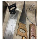 Collection of Vintage Hand Saws, Hacksaw and Level