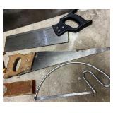 Collection of Vintage Hand Saws, Hacksaw and Level