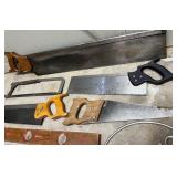 Collection of Vintage Hand Saws, Hacksaw and Level
