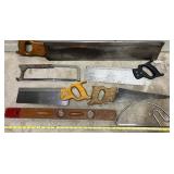 Collection of Vintage Hand Saws, Hacksaw and Level