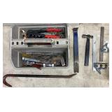 Assorted Hand Tools with Tool Tote, Crowbar, Hammer, and Squares