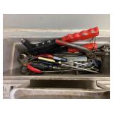 Assorted Hand Tools with Tool Tote, Crowbar, Hammer, and Squares