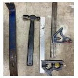 Assorted Hand Tools with Tool Tote, Crowbar, Hammer, and Squares
