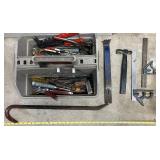 Assorted Hand Tools with Tool Tote, Crowbar, Hammer, and Squares