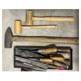 Collection of Hand Tools Including Hammers, Mallets, Files, Clamps, and Dial Caliper