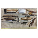 Collection of Antique Knives, Cleaver, Axe, and Leather Sheaths