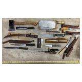 Collection of Antique Knives, Cleaver, Axe, and Leather Sheaths
