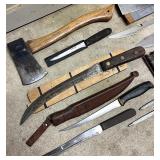 Collection of Antique Knives, Cleaver, Axe, and Leather Sheaths