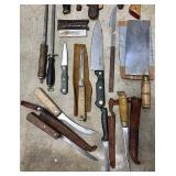 Collection of Antique Knives, Cleaver, Axe, and Leather Sheaths