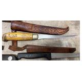 Collection of Antique Knives, Cleaver, Axe, and Leather Sheaths