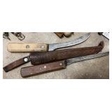 Collection of Antique Knives, Cleaver, Axe, and Leather Sheaths