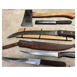 Collection of Antique Knives, Cleaver, Axe, and Leather Sheaths