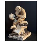 LL - Vintage Thinker Monkey Sculpture Holding Skull on Book Base