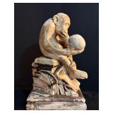 LL - Vintage Thinker Monkey Sculpture Holding Skull on Book Base