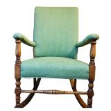 LL - Vintage Rocking Chair with Green Upholstery and Wooden Base