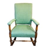 LL - Vintage Rocking Chair with Green Upholstery and Wooden Base