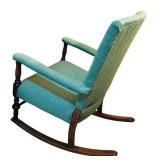 LL - Vintage Rocking Chair with Green Upholstery and Wooden Base