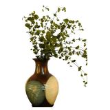 LL - Vintage 13-Inch Ceramic Vase with Brown, Cream, and Gray Design with Faux Greens