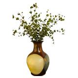 LL - Vintage 13-Inch Ceramic Vase with Brown, Cream, and Gray Design with Faux Greens