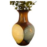 LL - Vintage 13-Inch Ceramic Vase with Brown, Cream, and Gray Design with Faux Greens