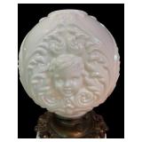 LL - Vintage 24-Inch White Milk Glass Hurricane Lamp with Cherub Motif