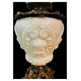 LL - Vintage 24-Inch White Milk Glass Hurricane Lamp with Cherub Motif