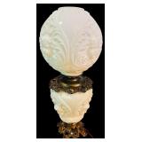 LL - Vintage 24-Inch White Milk Glass Hurricane Lamp with Cherub Motif