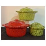 LL - Set of 3 Vintage Cerutil Portugal Stoneware Casserole Dishes Avocado Green and Red