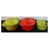 LL - Set of 3 Vintage Cerutil Portugal Stoneware Casserole Dishes Avocado Green and Red