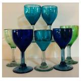 LL - Set of 7 Blue and Green Wine Glasses