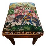 LL - Vintage Needlepoint Footstool with Medieval Fairytale Scene