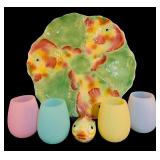 LL - Majolica Fish Motif Serving Platter with Fish Shaped Lid and 4 Pastel Glasses