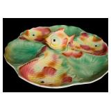 LL - Majolica Fish Motif Serving Platter with Fish Shaped Lid and 4 Pastel Glasses
