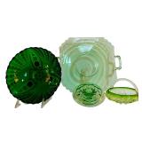 LL - Vintage Fostoria Mayfair Green Uranium Vaseline Handle Serving Plate, Anchor Hocking Green Burple Glass Bowl & More